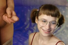 Cute russian Anya in glasses gives blowjob
