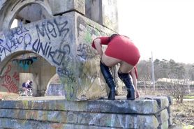 Mature Lady does a really big wee wee quite close to a 