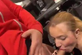 Horny blonde suck cock in shopping mall and gets load o