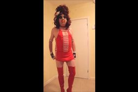 Red haired slut in red cut-out dress