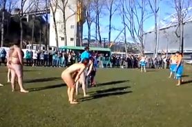 Naked girls and guys playing football