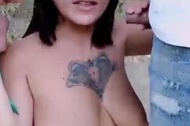 Horny MILF slut gets fucked by two guys outdoor in the 