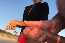 Public erection CFNM masturbation cumshot beach