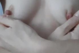 Jules plays with her tits and gets cumshot